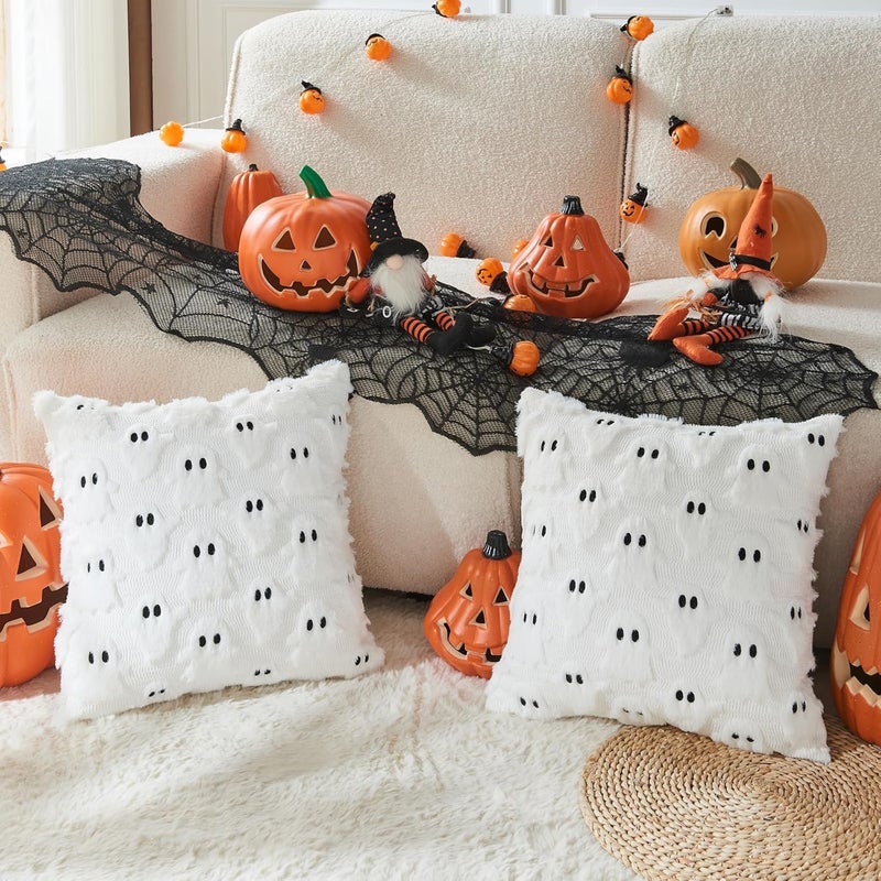 Seoenlin Halloween Pillow Covers 18x18 inch Set of 2 White Throw Pillow Cases Soft Plush Cushion Case for Chair Sofa Bedroom Living Room Home Decor - Image 3